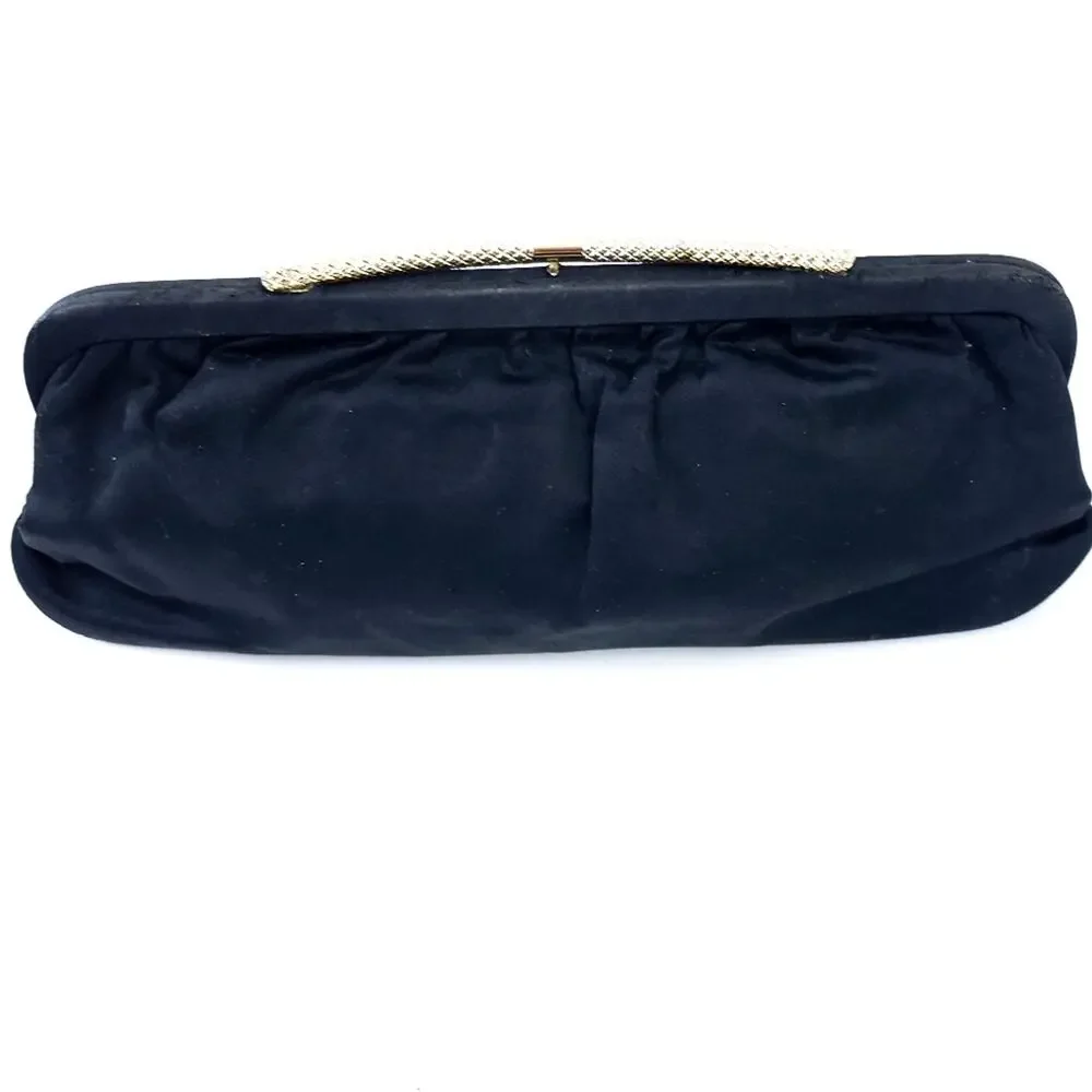 Elegant Black Fabric Gold Tone Frame Evening Clutch Purse 13x6 Formal Semi-forma